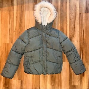 Olive Puffer Jacket with Faux Fur Trimmed Hood and Sherpa Lining size 10/12